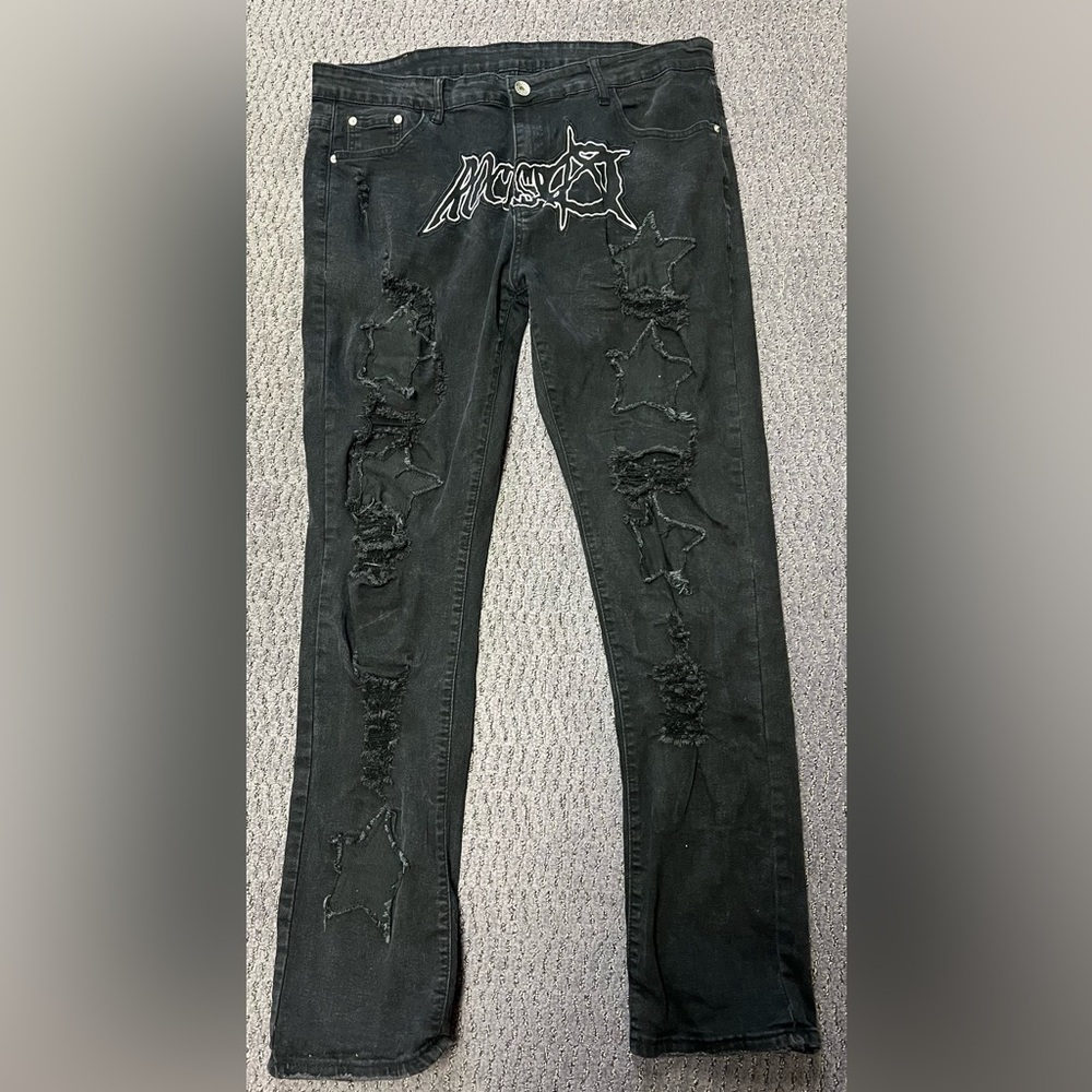 Black Rockstar Distressed Baggy Denim Men’s Jeans with Star Patches Size 40
